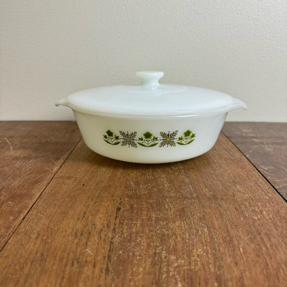 Fire King GREEN MEADOW FLOWERS Casserole Dish w Lid 437 Anchor‎ Hocking - Picture 3 of 9